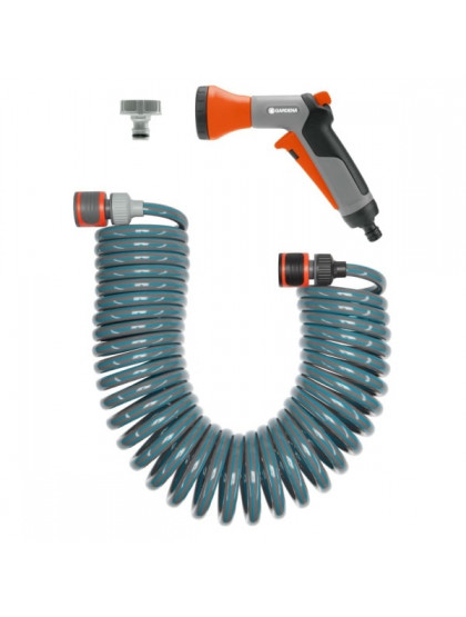Комплект Gardena: шланг спиральный для террас + фитинги + пистолет-наконечник для полива