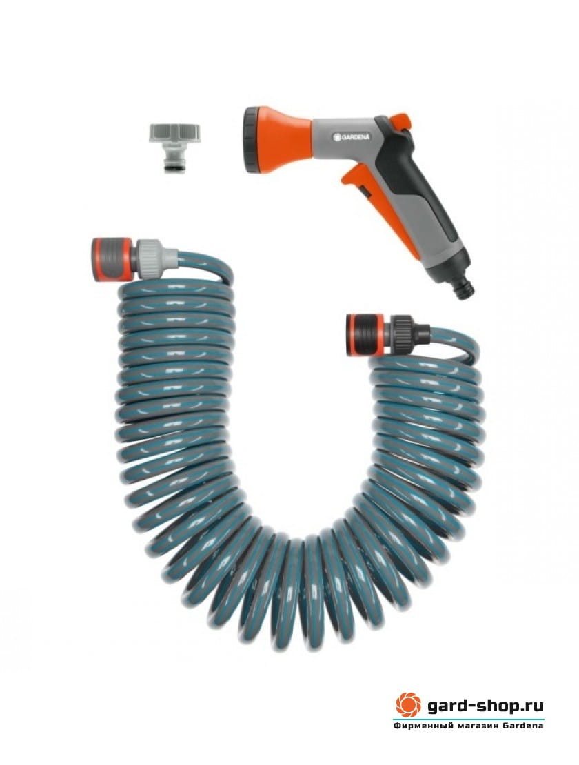 Комплект Gardena: шланг спиральный для террас + фитинги + пистолет-наконечник для полива